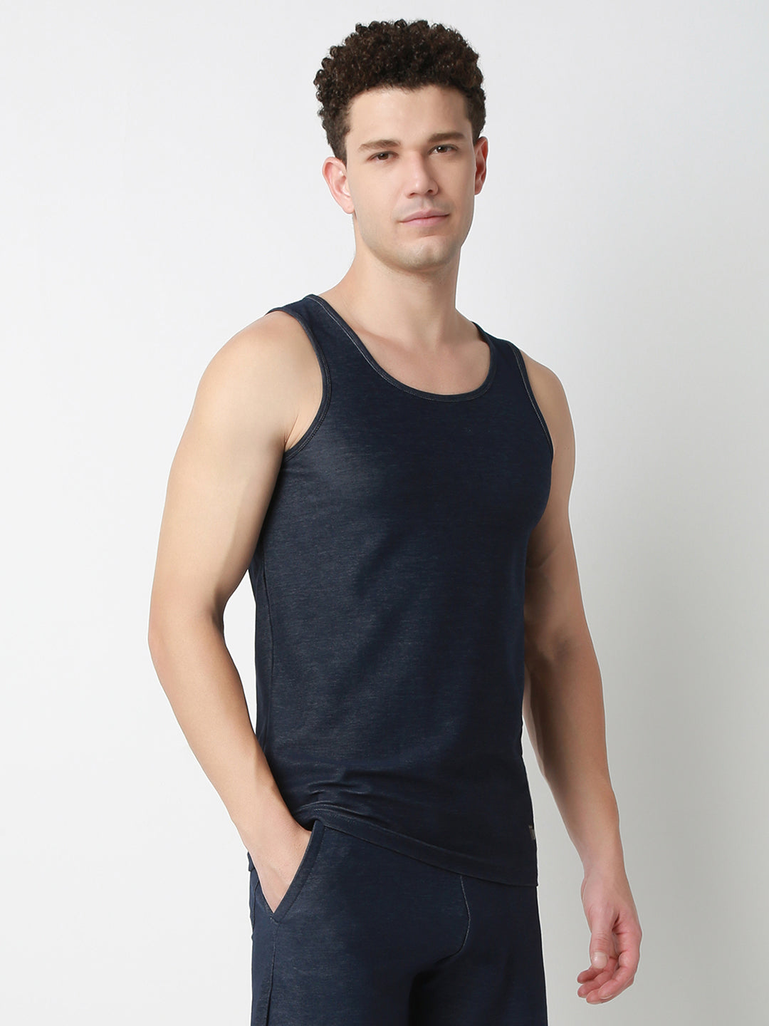 UnderJeans by Spykar Men Dark Denim Blue Round Neck Solid Innerwear Vests
