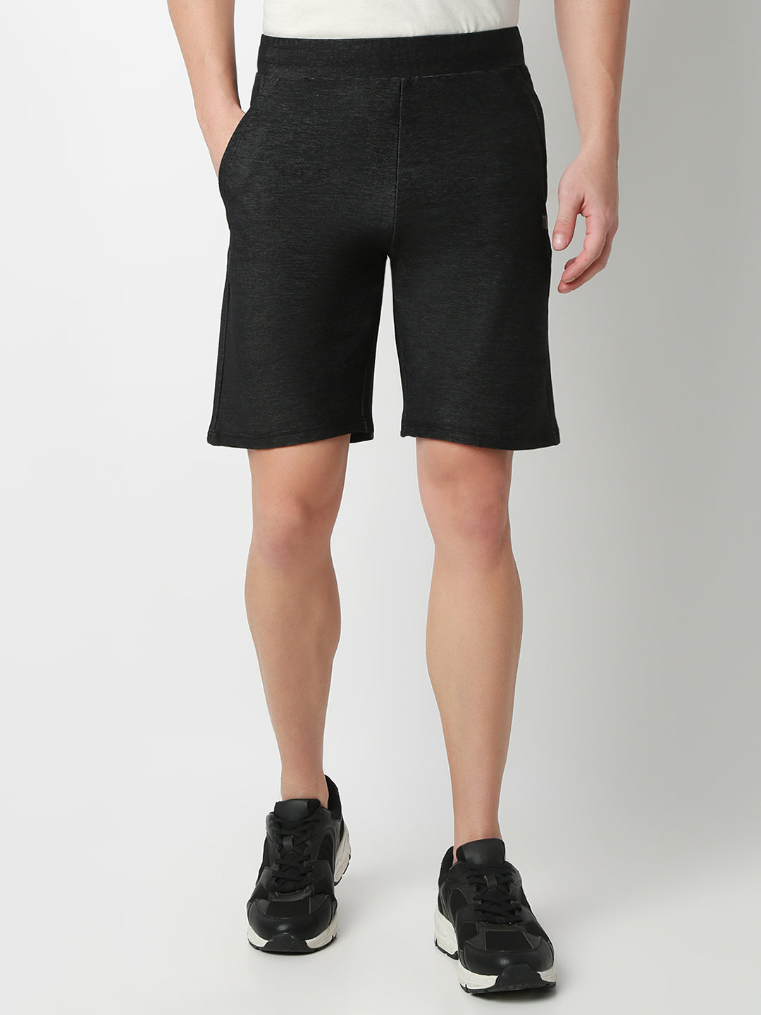 UnderJeans by Spykar Men Dark Denim Black Mid-Rise Solid Slim Fit Shorts