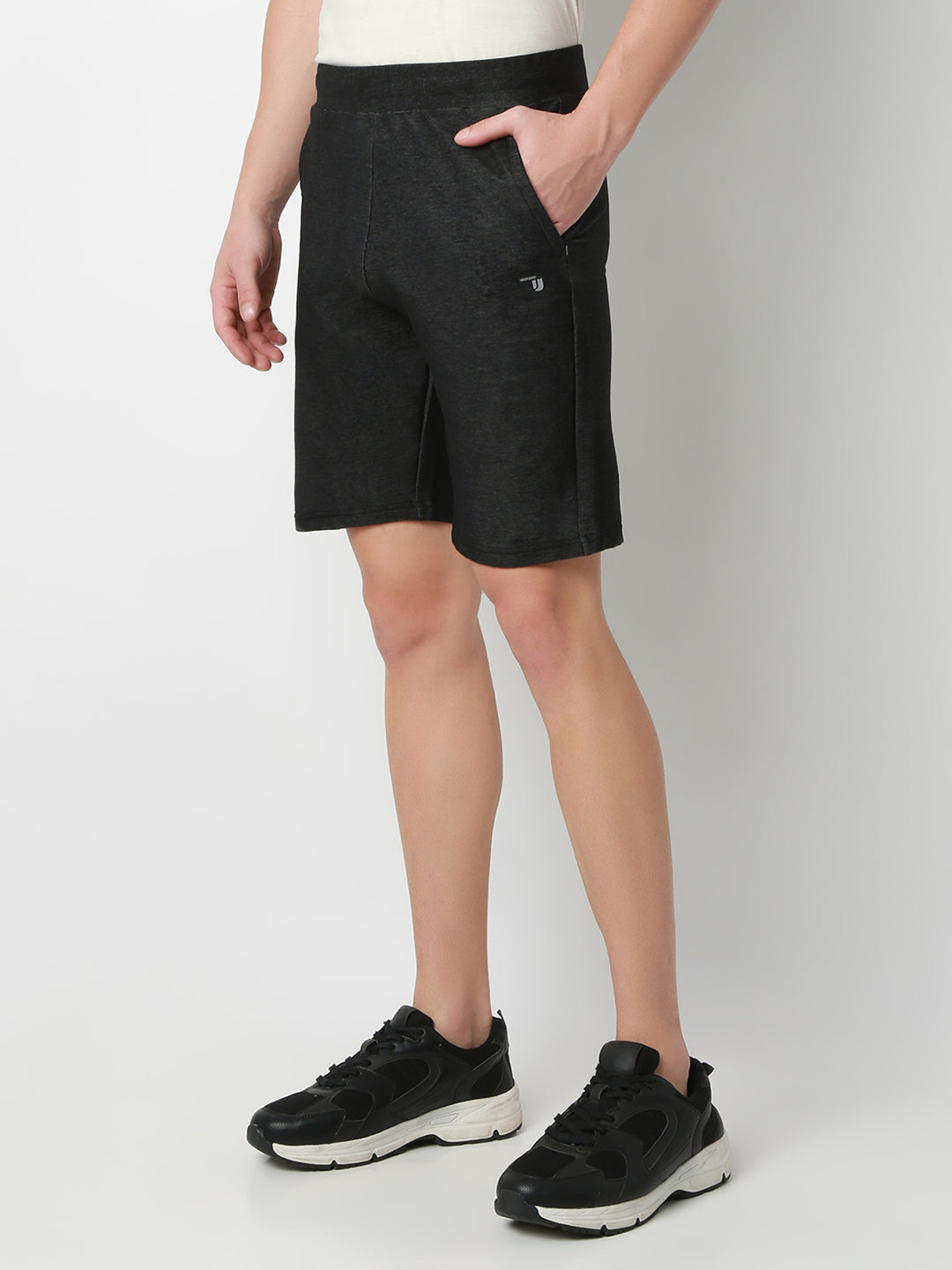 UnderJeans by Spykar Men Dark Denim Black Mid-Rise Solid Slim Fit Shorts