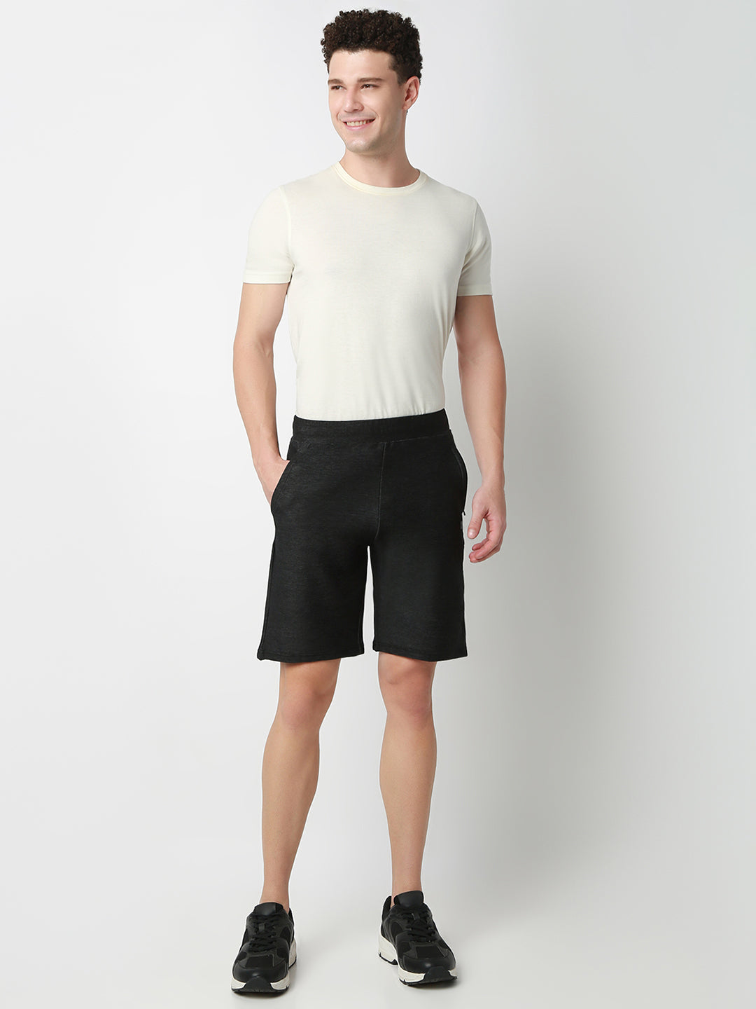 UnderJeans by Spykar Men Dark Denim Black Mid-Rise Solid Slim Fit Shorts
