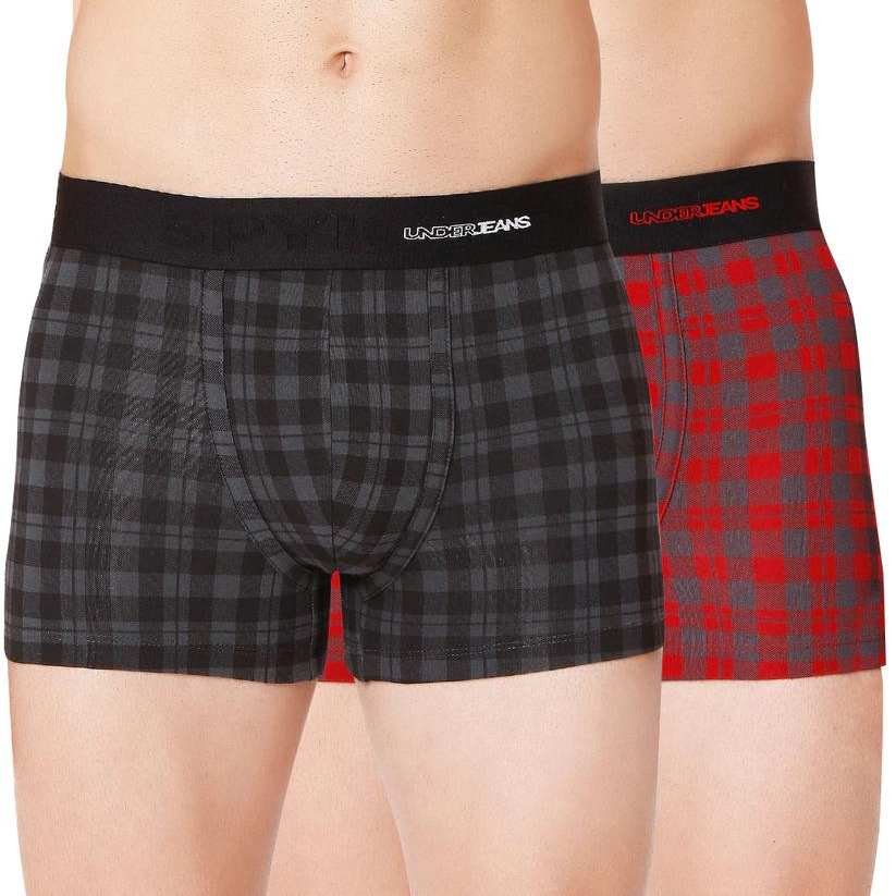 Men Premium Black Check & Maroon Check Cotton Blend Trunk (Pack of 2)- UnderJeans by Spykar