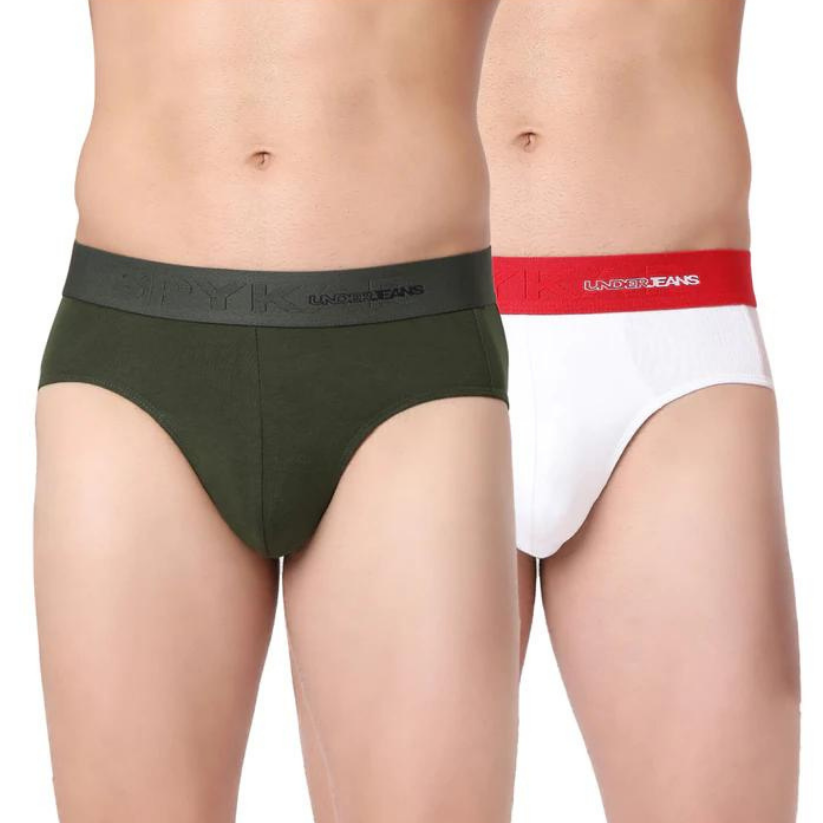 Men Premium Olive & White Cotton Blend Brief (Pack of 2)- UnderJeans by Spykar