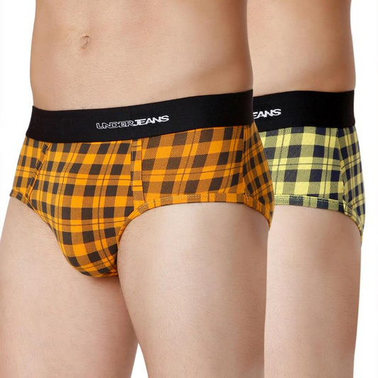 Men Premium Orange Check & Yellow Check Cotton Blend Brief (Pack of 2)- UnderJeans by Spykar