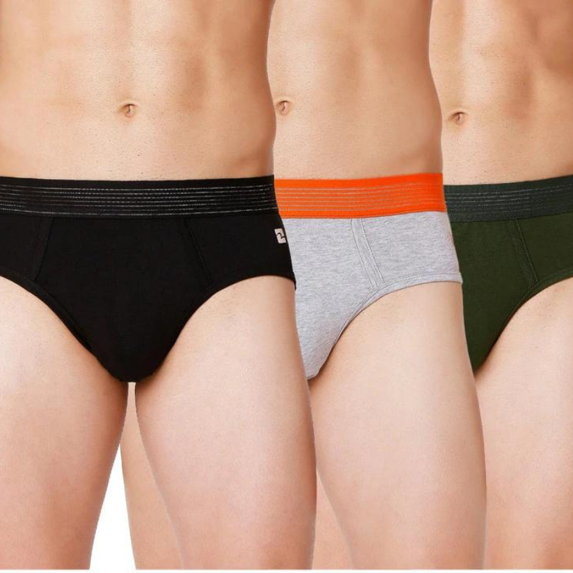 Men Premium Black & Grey-Orange & Olive Cotton Blend Brief (Pack of 3)- UnderJeans by Spykar