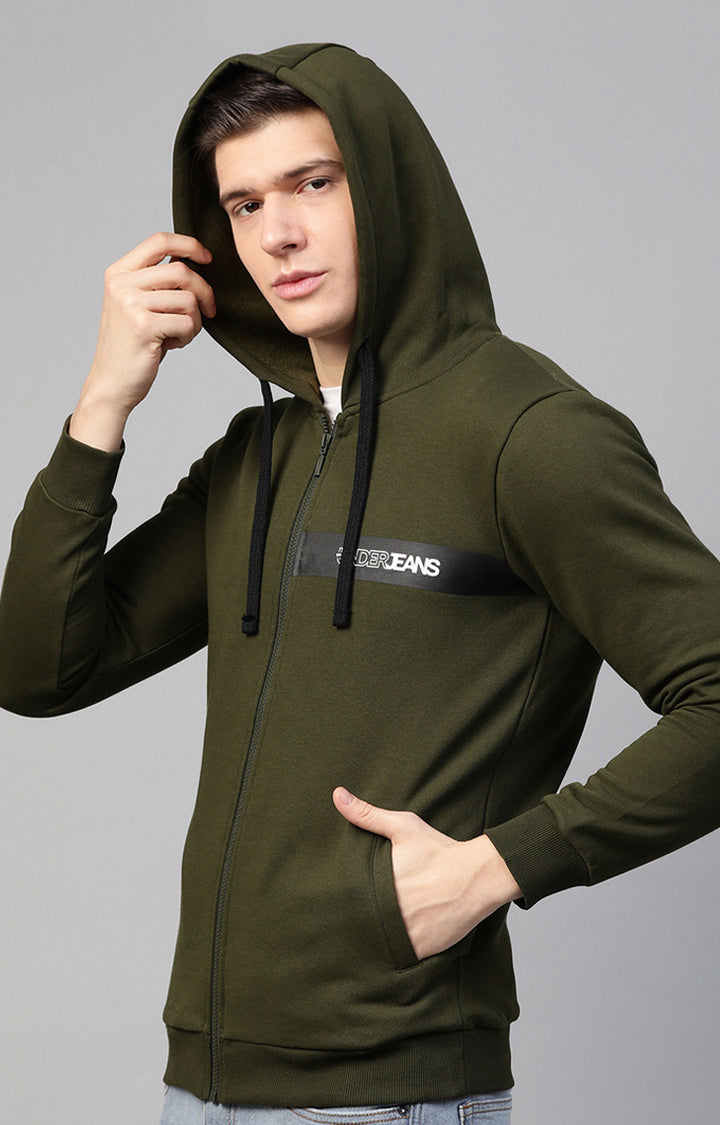 Olive Cotton Solid Hooded Sweatshirts- UnderJeans by Spykar