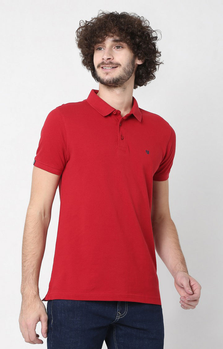 Men Premium Red Cotton Regular Fit Polo T-Shirt - UnderJeans By Spykar