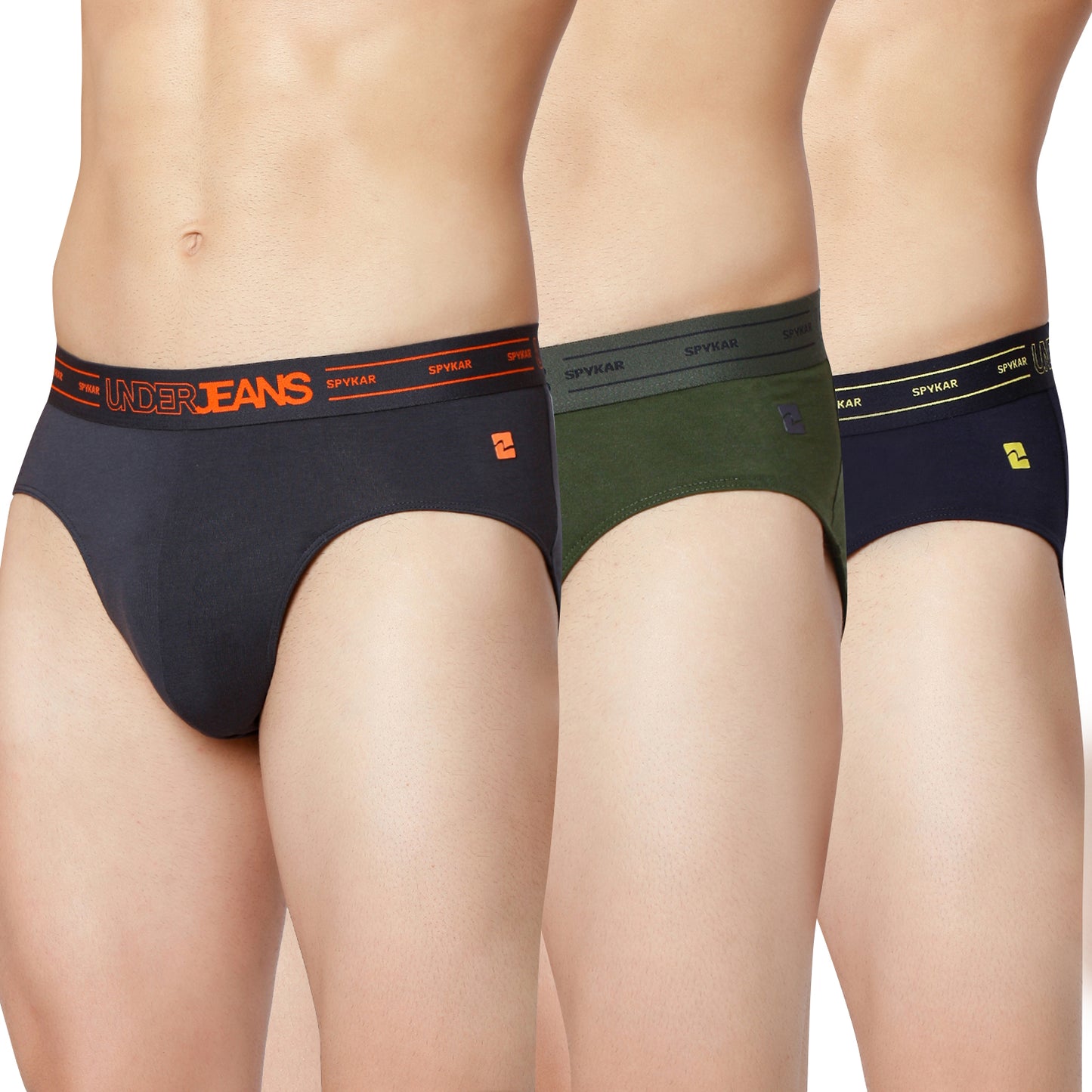 Men Premium Grey Navy & Olive Cotton Blend Brief (Pack of 3)- Underjeans by Spykar