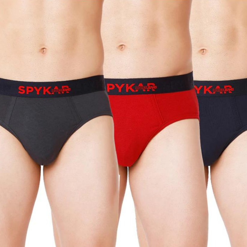 Men Premium Grey Maroon & Navy Cotton Blend Brief (Pack of 3)- UnderJeans by Spykar