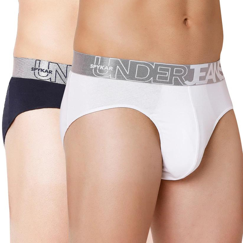 Men Premium Navy & White Cotton Blend Brief (Pack of 2)- UnderJeans by Spykar