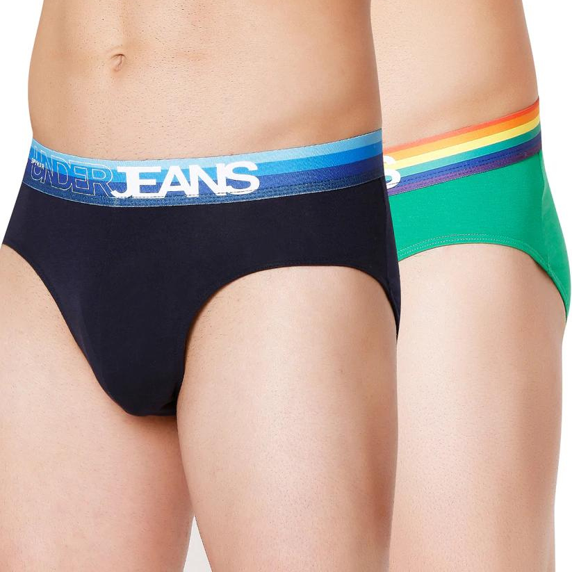 Men Premium Green Multi & Navy Blue Cotton Blend Brief (Pack of 2)- UnderJeans by Spykar