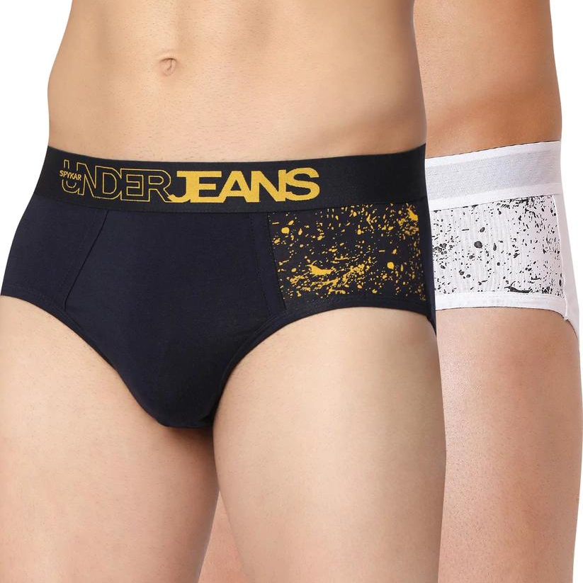 Men Premium Navy & White Cotton Blend Brief (Pack of 2)- UnderJeans by Spykar