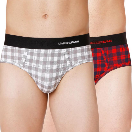 Men Premium Blue Check & White Check Cotton Blend Brief (Pack of 2)- UnderJeans by Spykar