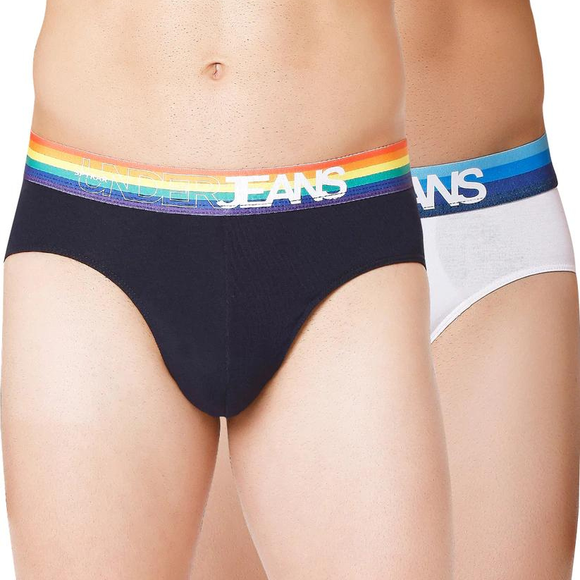 Men Premium Navy Multi & White Blue Cotton Blend Brief (Pack of 2)- UnderJeans by Spykar