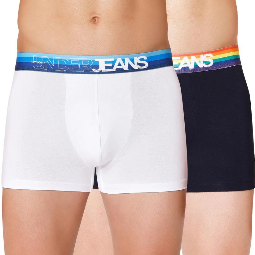 Men Premium Navy Multi & White Blue Cotton Blend Trunk (Pack of 2)- UnderJeans by Spykar