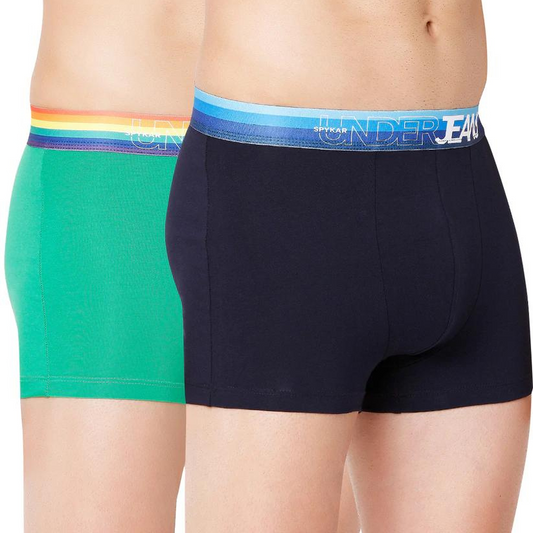Men Premium Green Multi & Navy Blue Cotton Blend Trunk (Pack of 2)- UnderJeans by Spykar