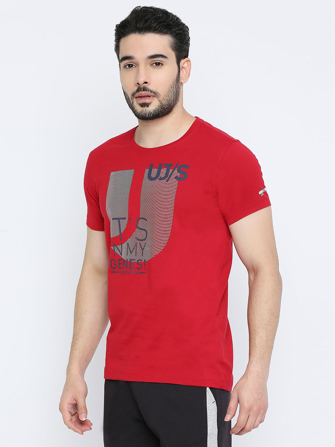 Men Premium Cotton Deepred Round Neck Tshirt - UnderJeans by Spykar