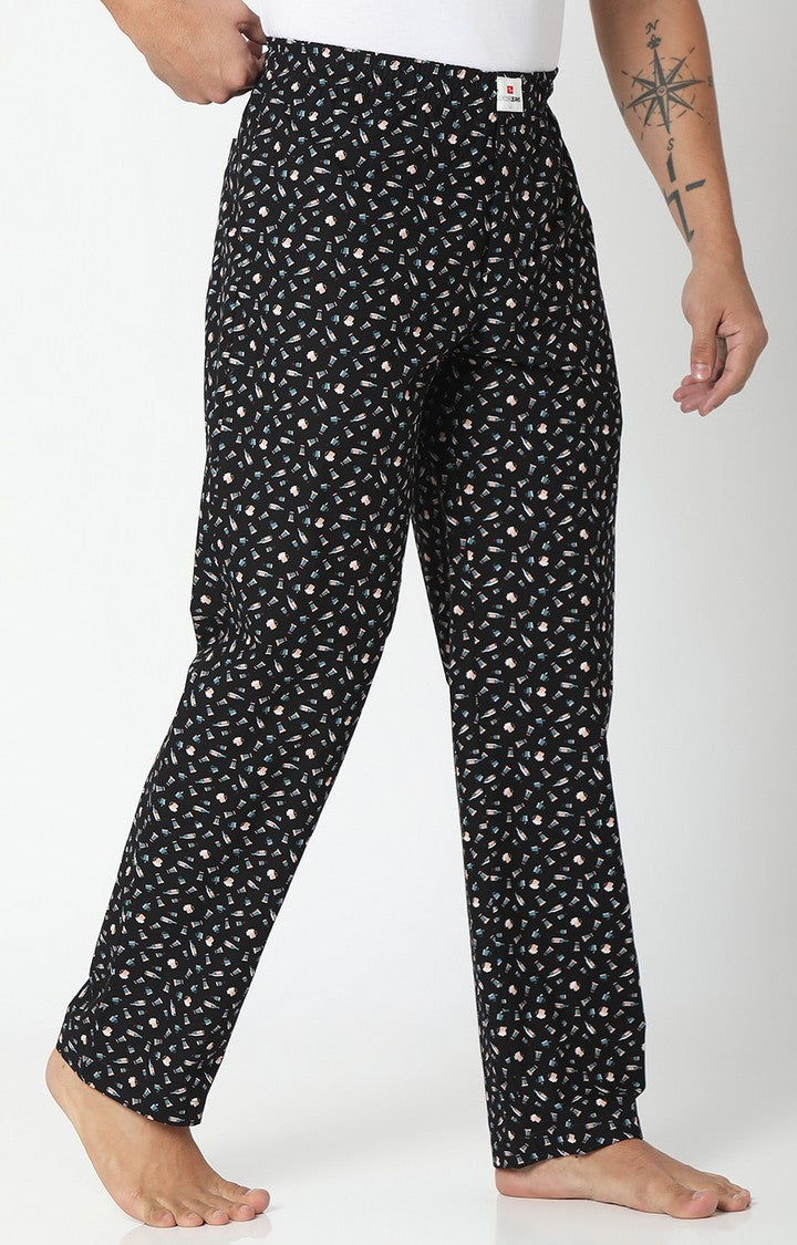 Men Premium Black/Green Cotton Printed Pyjama- UnderJeans By Spykar