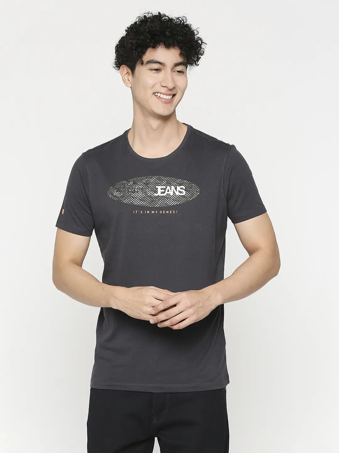 Men Premium Slate Grey Cotton Half Sleeve Printed Tshirt - UnderJeans by Spykar