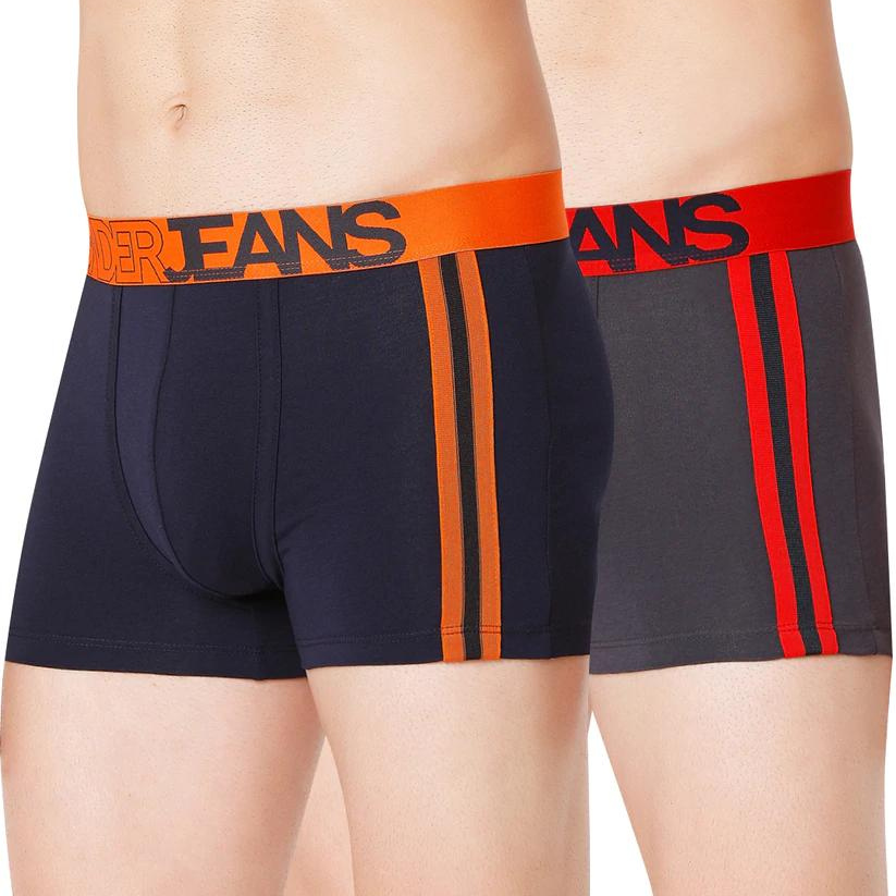 Men Premium Grey-Red & Navy-Orange Cotton Blend Trunk (Pack of 2)- UnderJeans by Spykar