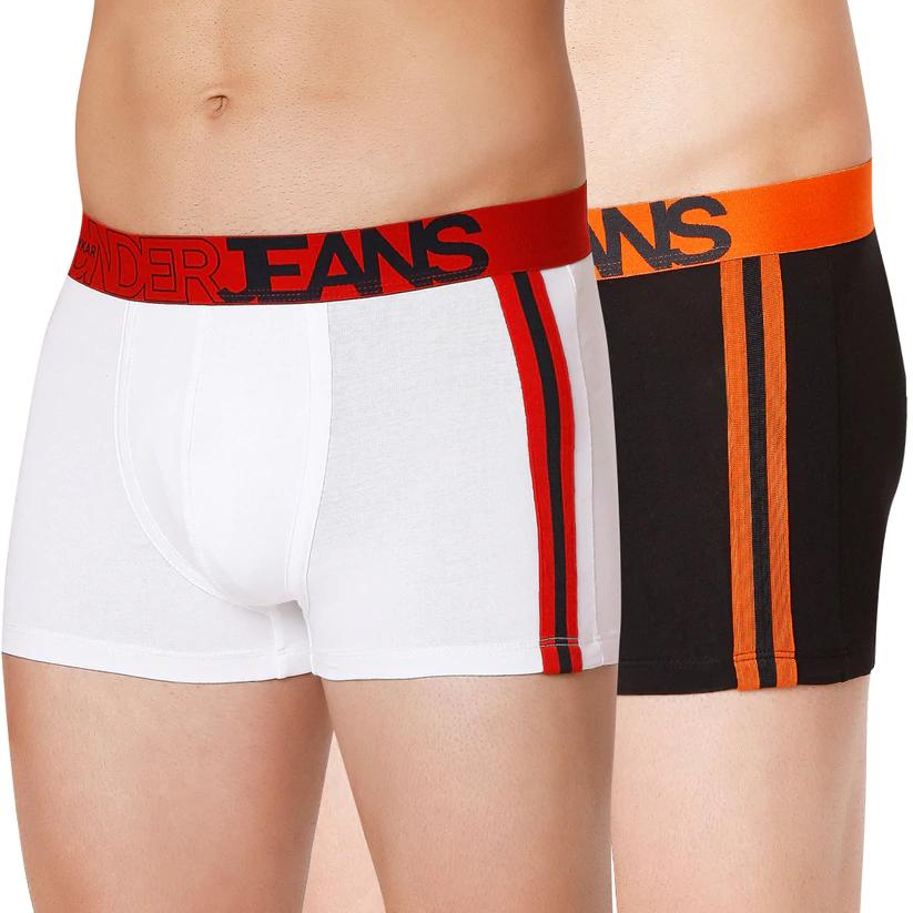 Men Premium Black-Orange & White-Red Cotton Blend Trunk (Pack of 2)- UnderJeans by Spykar