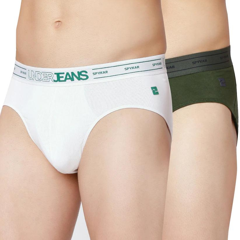 Men Premium Olive & White Cotton Blend Brief (Pack of 2)- UnderJeans by Spykar