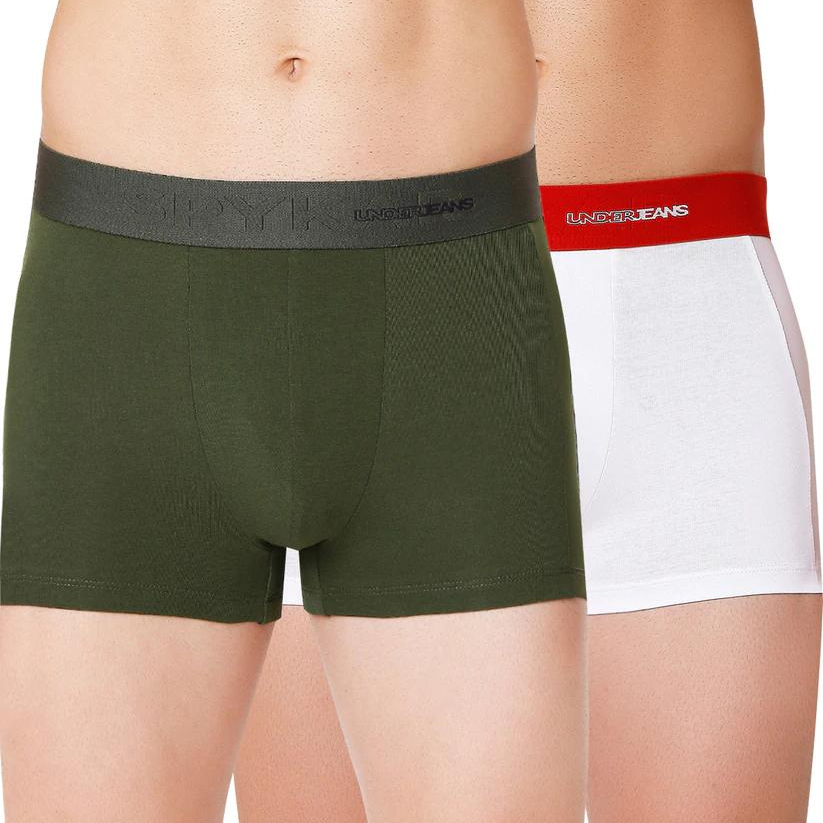 Men Premium Olive & White Cotton Blend Trunk (Pack of 2)- UnderJeans by Spykar