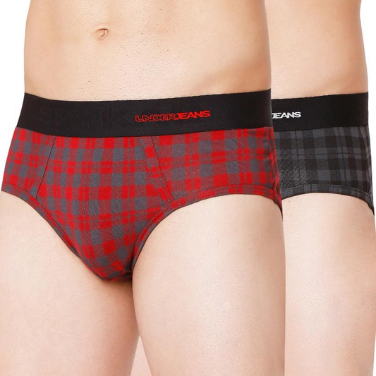 Men Premium Black Check & Maroon Check Cotton Blend Brief (Pack of 2)- UnderJeans by Spykar