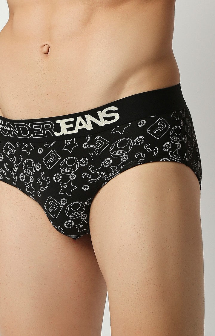 Men Premium Black Cotton Blend Regular Fit Brief - UnderJeans by Spykar