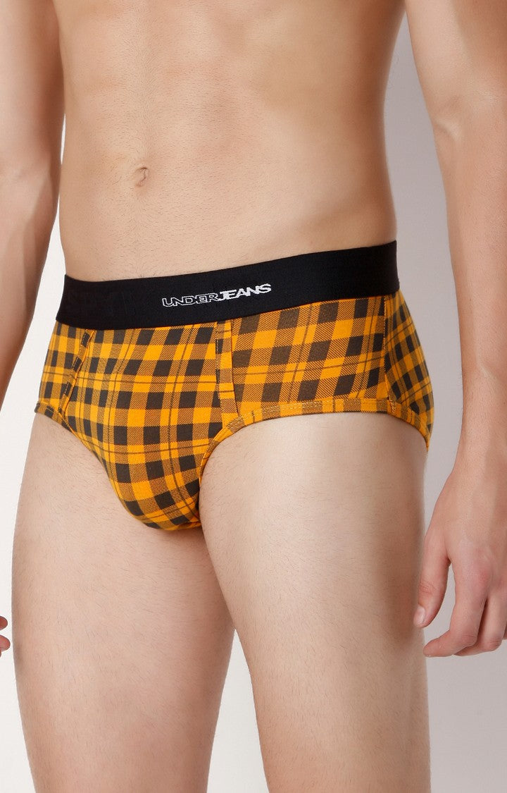 Men Premium Orange Check Cotton Blend Brief- UnderJeans by Spykar