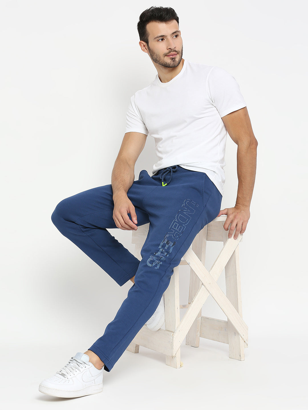 Men Premium Knitted Indigo Blue Cotton Straight Fit Trackpants- UnderJeans by Spykar