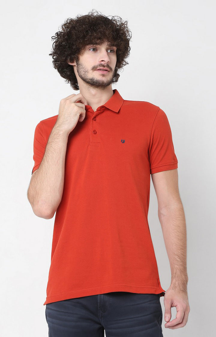 Men Premium Orange Cotton Regular Fit Polo T-Shirt - UnderJeans By Spykar