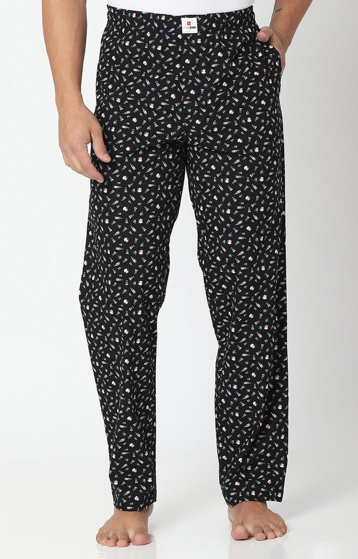 Men Premium Black/Green Cotton Printed Pyjama- UnderJeans By Spykar