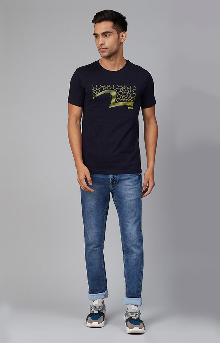 Navy Cotton Printed Round Neck T-Shirts- UnderJeans by Spykar