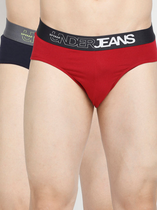 Men Premium Maroon & Navy Blue Cotton Blend Brief -Pack Of 2- UnderJeans by Spykar