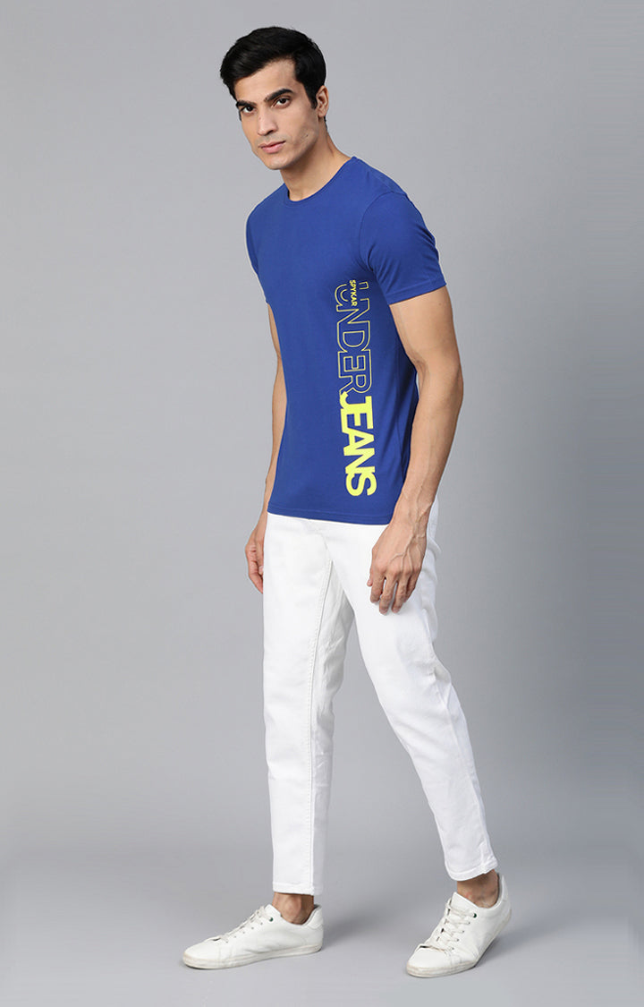 Men Premium Blue Cotton Solid Round Neck T-Shirts- UnderJeans by Spykar