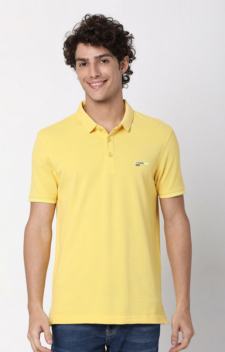 Men Premium Butter Yellow Cotton Regular Fit Polo T-shirt - UnderJeans by Spykar