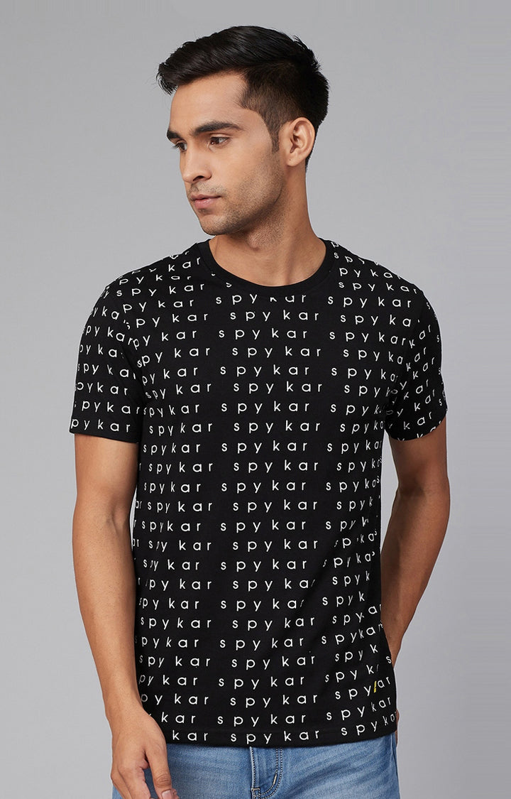 Black Cotton Printed Round Neck T-Shirts- UnderJeans by Spykar