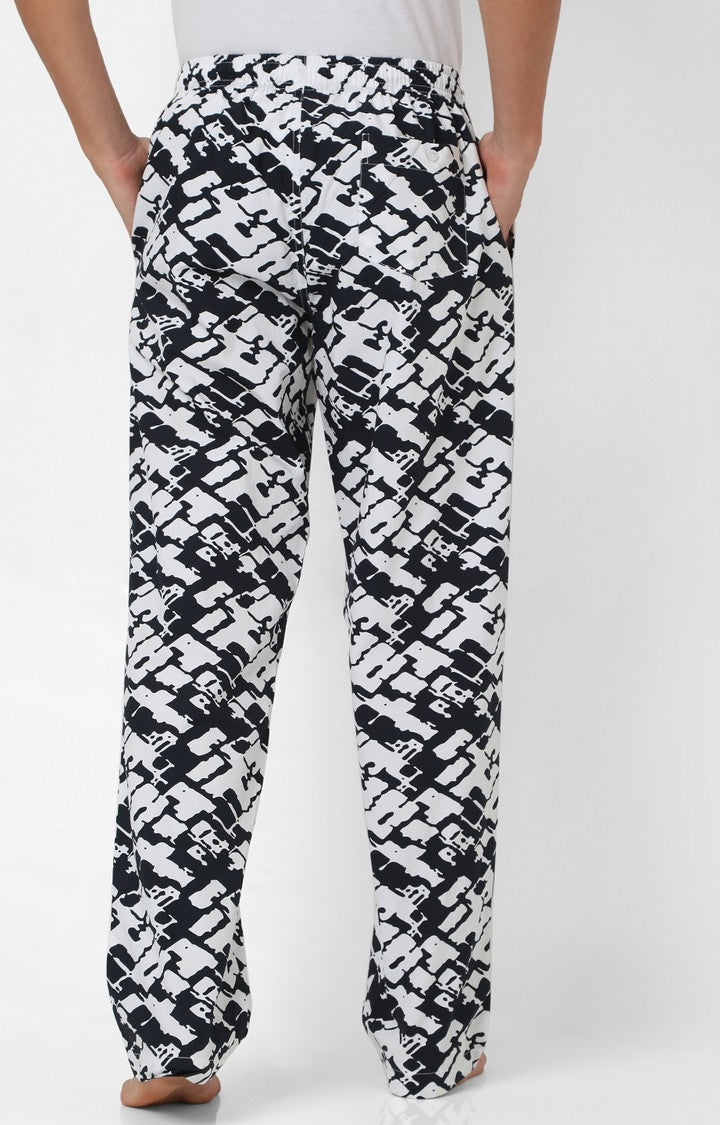 Men Premium White & Dark Navy Cotton Printed Pyjama - UnderJeans By Spykar