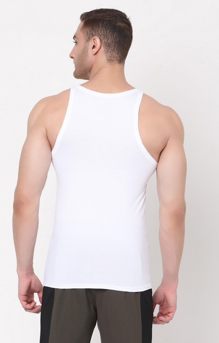 Men Premium White Square Neck Cotton Blend Vest- UnderJeans by Spykar