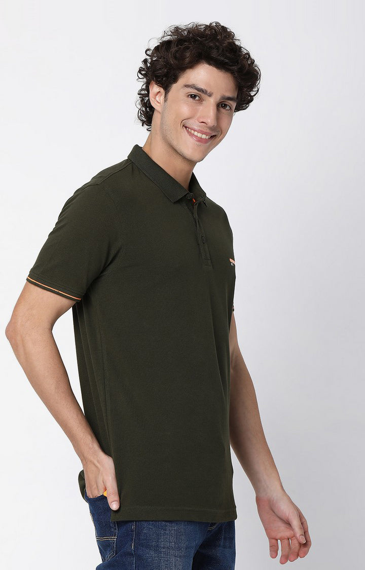 Men Premium Riffle Green Cotton Regular Fit Polo T-shirt UnderJeans by Spykar