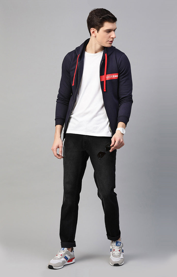 Navy Cotton Solid Hooded Sweatshirts- UnderJeans by Spykar