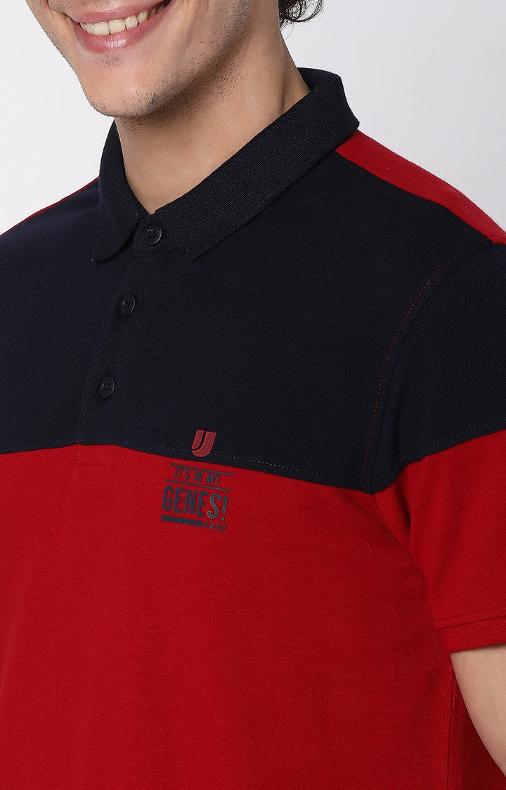 Men Premium Deep Red & Navy Cotton Regular Fit Polo T-shirt - UnderJeans by Spykar