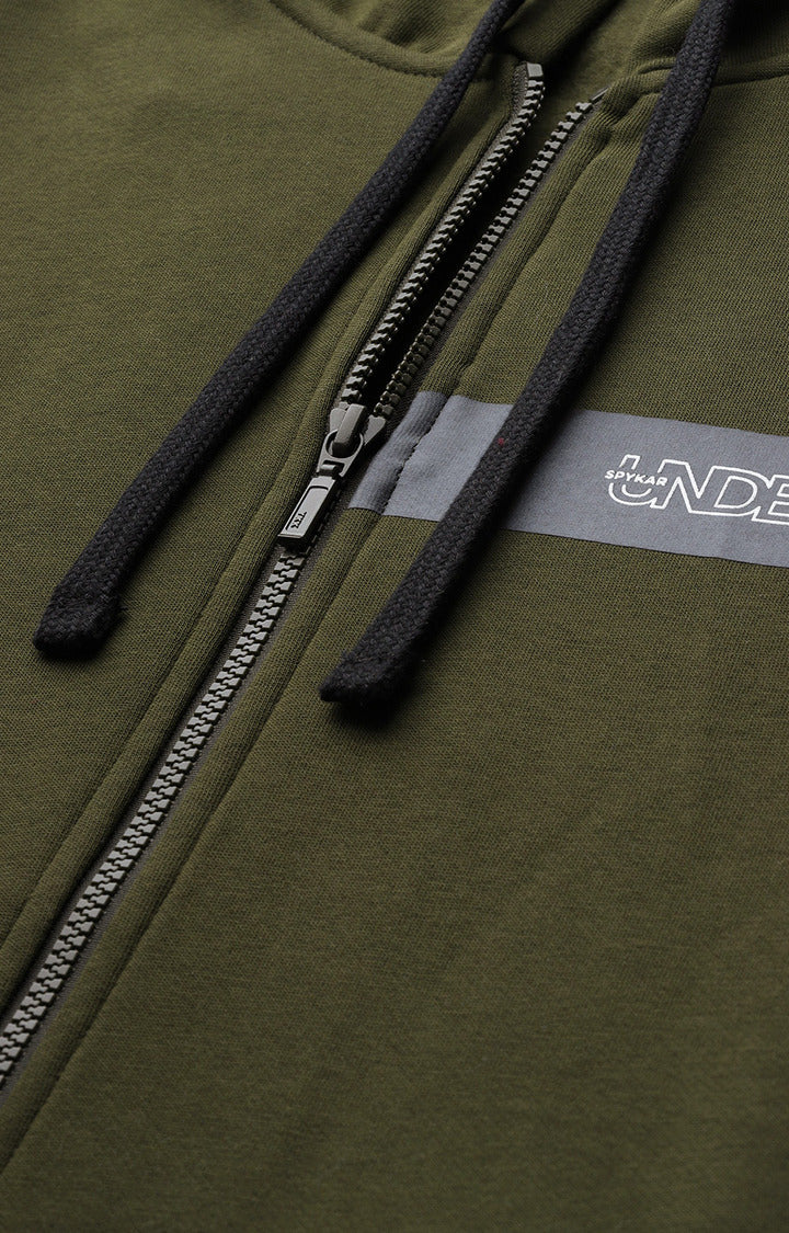 Olive Cotton Solid Hooded Sweatshirts- UnderJeans by Spykar