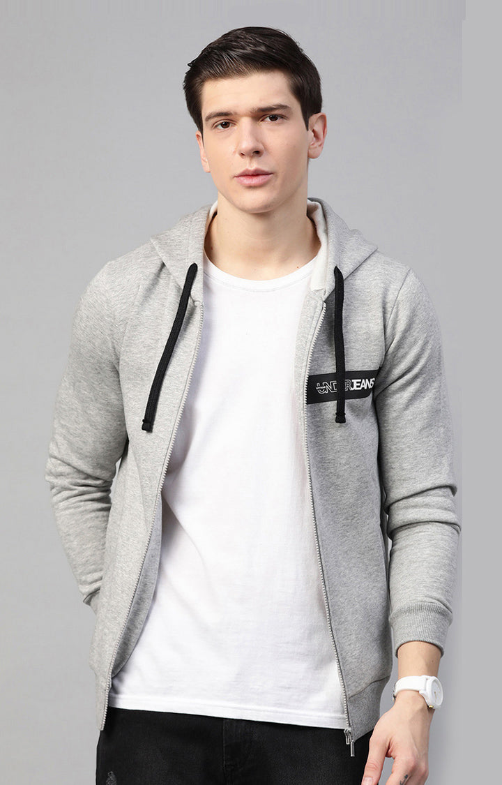 Grey Melange Cotton Solid Hooded Sweatshirts- UnderJeans by Spykar