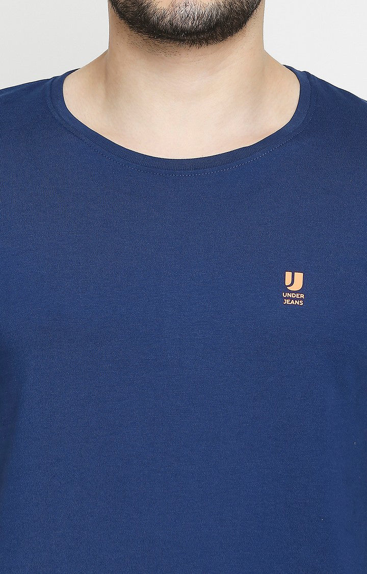Men Premium Navy Blue & Ecru Melange Cotton Regular Fit Round Neck T-shirts - Pack of 2 - UnderJeans by Spykar