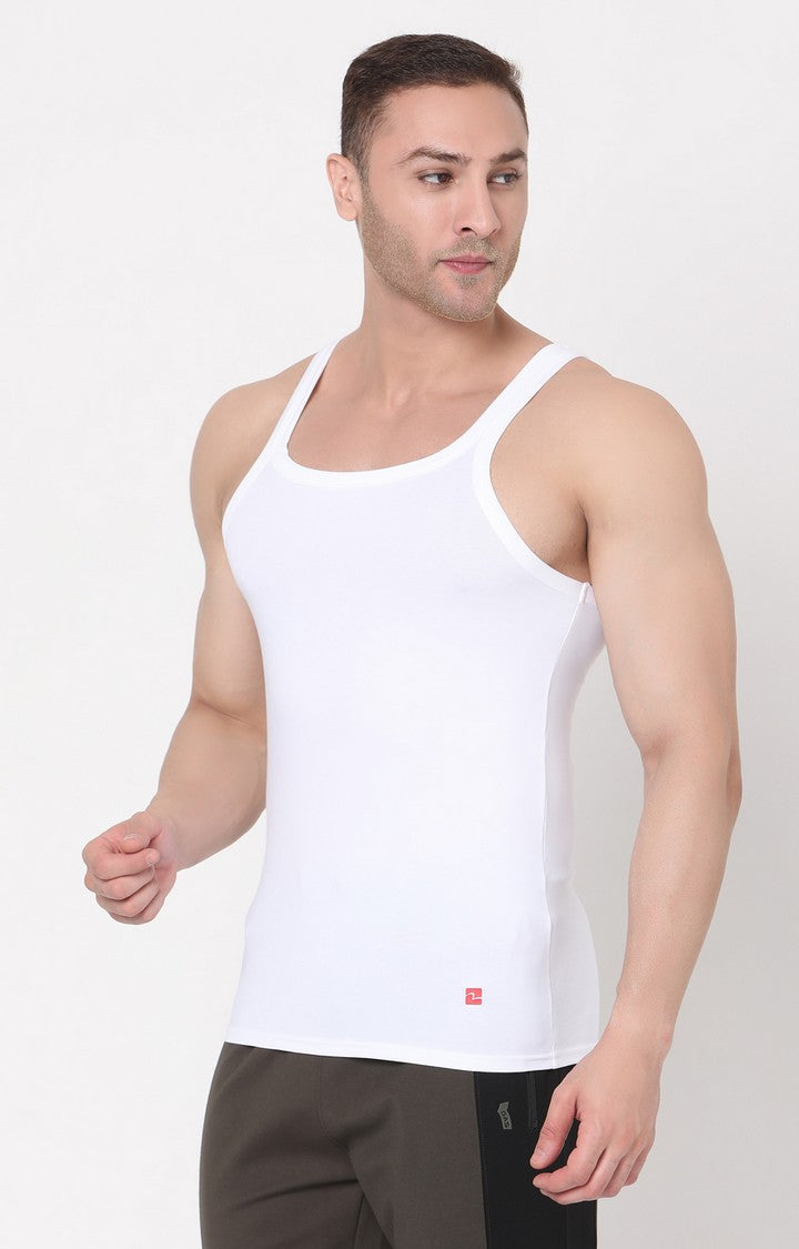 Men Premium White Square Neck Cotton Blend Vest- UnderJeans by Spykar