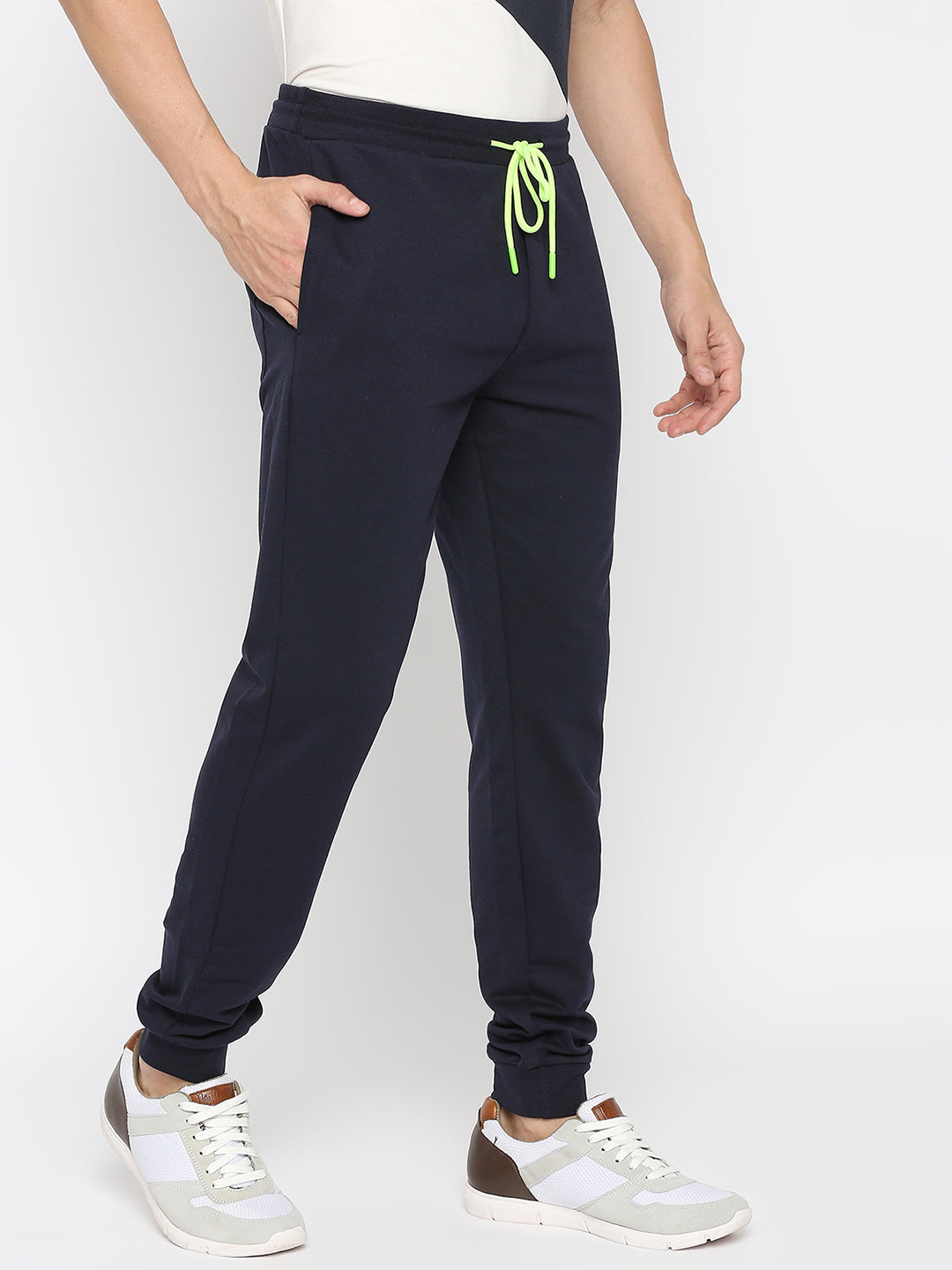 Men Premium Cotton Blend Navy Trackpants - UnderJeans by Spykar