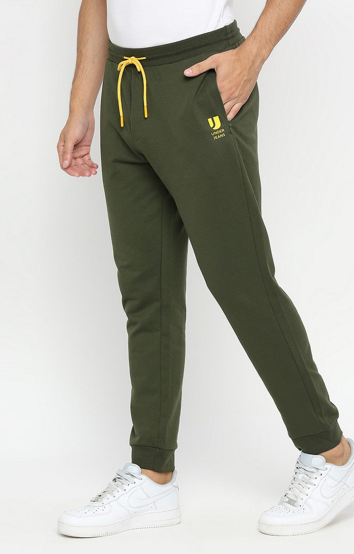 Men Premium Cotton Blend Olive Trackpant - UnderJeans by Spykar