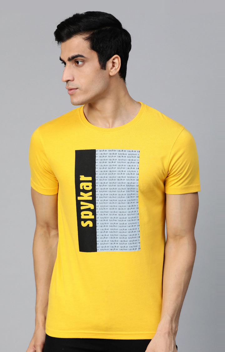 Mustard Cotton Printed Round Neck T-Shirts- UnderJeans by Spykar