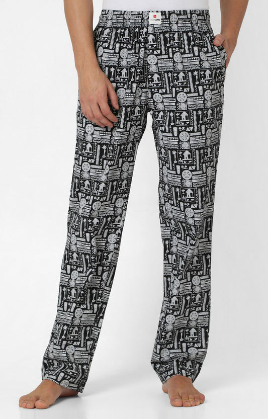Men Premium Black & White Cotton Printed Pyjama - UnderJeans By Spykar